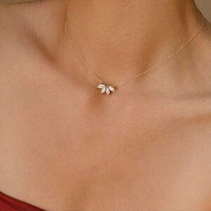 Dainty Gold Plated 925 Sterling Silver CZ Rose Leaf Necklace